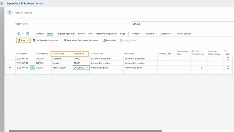 Dynamics 365 Business Central interface showing General Journals
