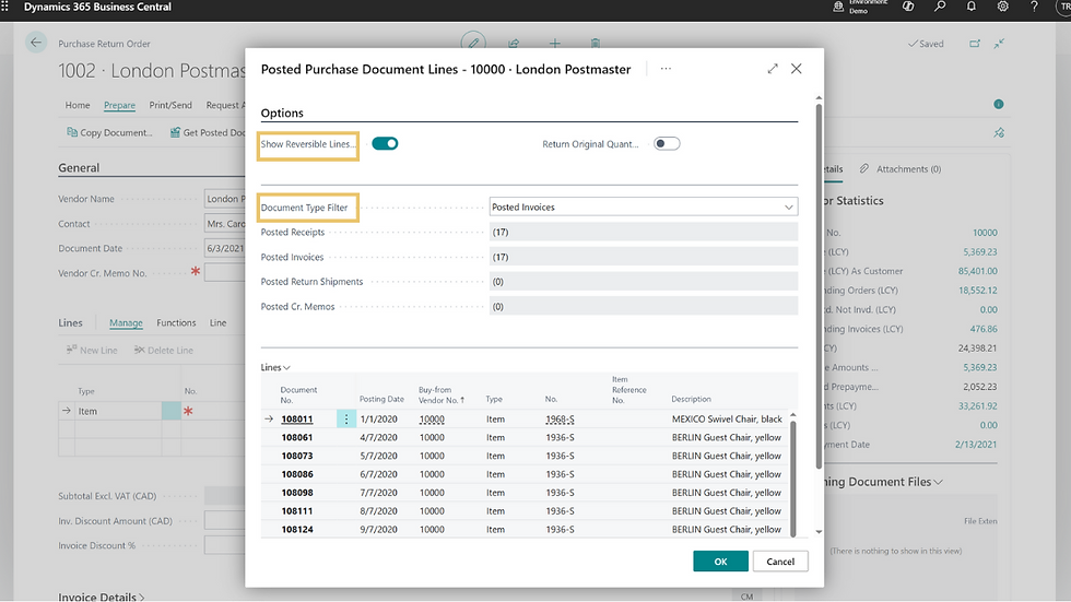 Purchasing software screen showing posted purchase document lines. Options include reversible lines toggle and document type filter.
