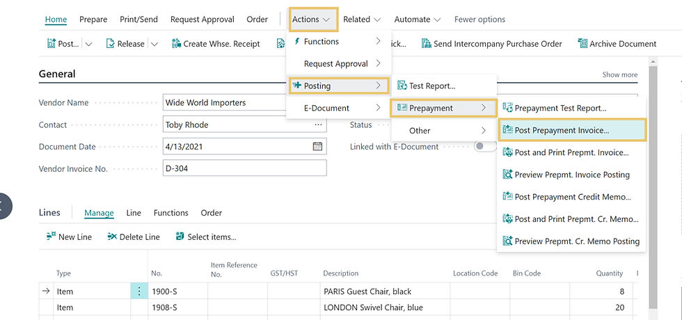 Business central interface showing a step in how to invoice prepayments