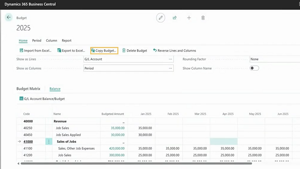 Budget planning screen in Dynamics 365 Business Central. Options include "Copy Budget." A table shows account codes, names, and amounts for 2025.