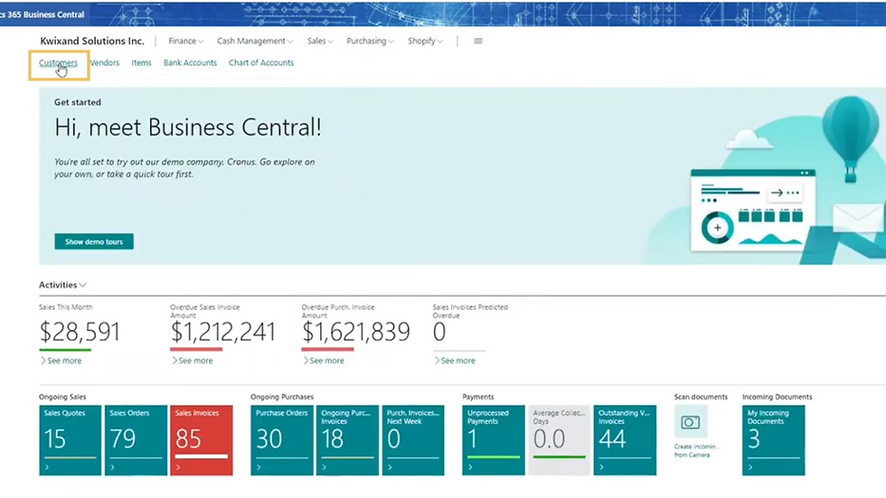 A screenshot showing how to display Power BI reports on a specific page in Microsoft Dynamics 365 Business Central.