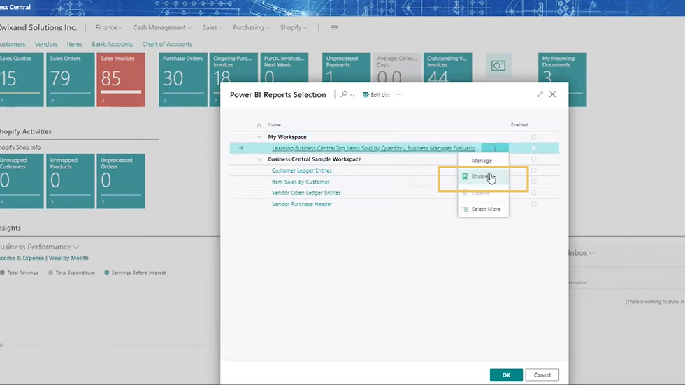 A screenshot showing how to display Power BI reports on the role center homepage in Microsoft Dynamics 365 Business Central.
