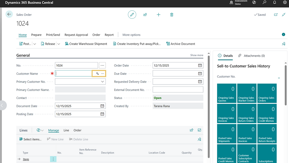 Dynamics 365 Business Central sales order screen. Includes customer and document details.