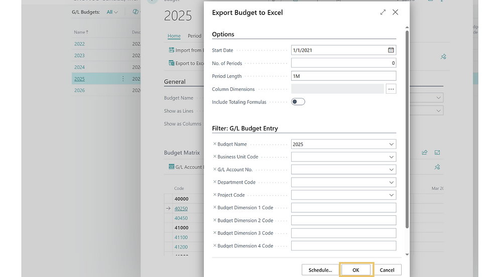 Pop-up window titled "Export Budget to Excel" with filters and options. Background shows financial data list.