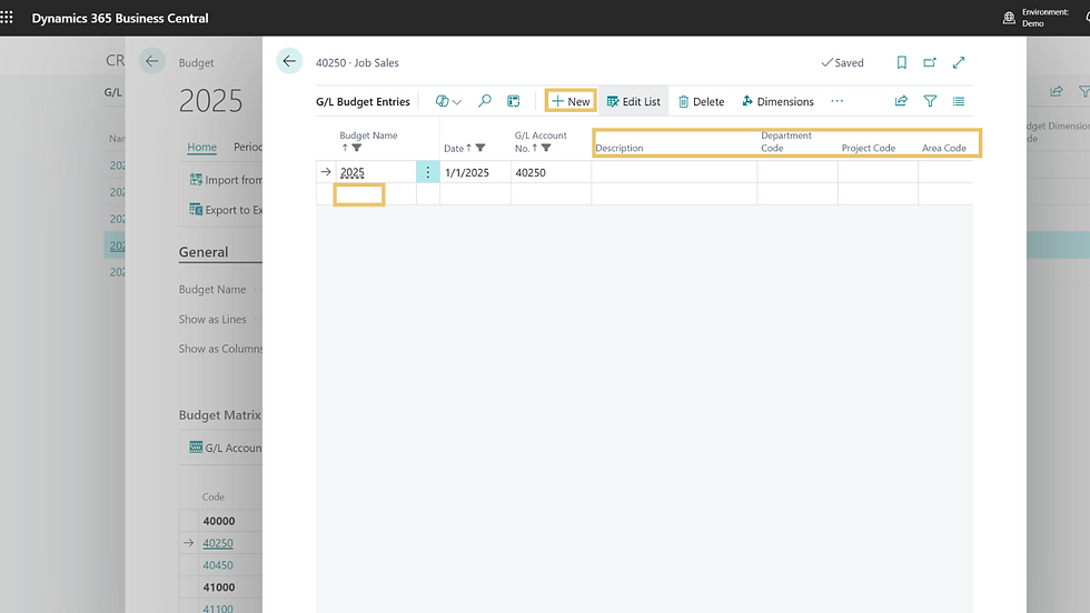 Microsoft Dynamics 365 Business Central interface showing a G/L Budget Entries table for "2025", with options to add, edit, or delete entries.