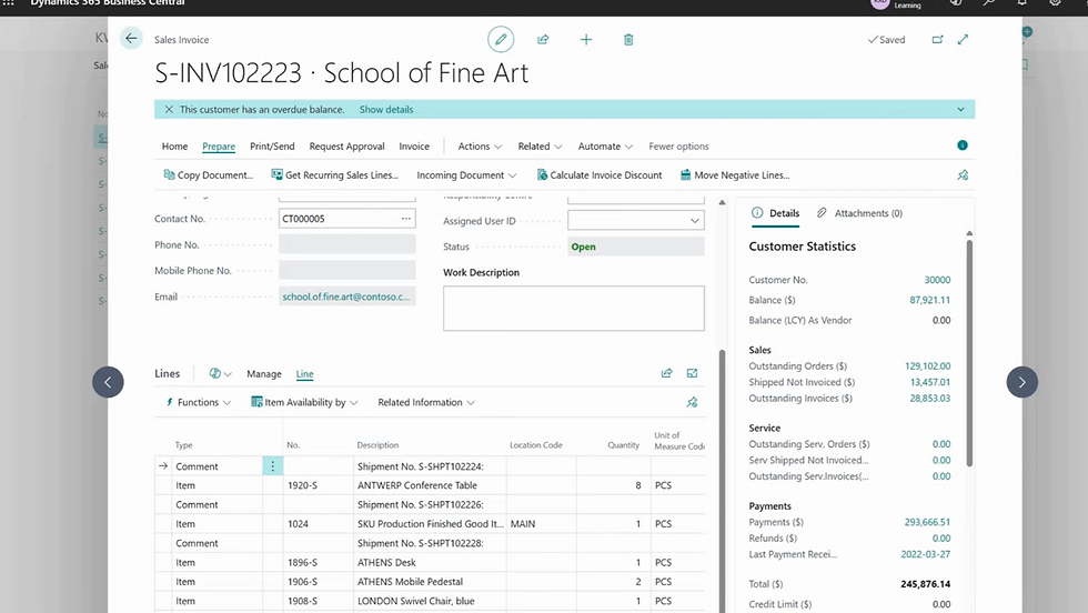Dynamics 365 Business Central sales order invoice with shipment lines consolidated.