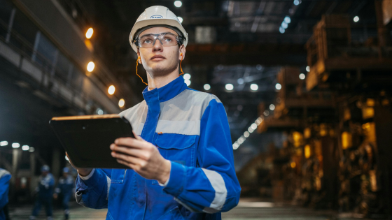 Worker in a blue uniform and hard hat holds a tablet in a dimly lit industrial setting, looking focused. Bright lights line the background.