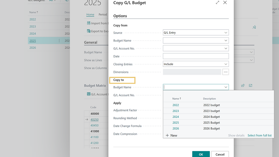 Software interface for copying a G/L budget, showing options and a dropdown list of years from 2022 to 2026.