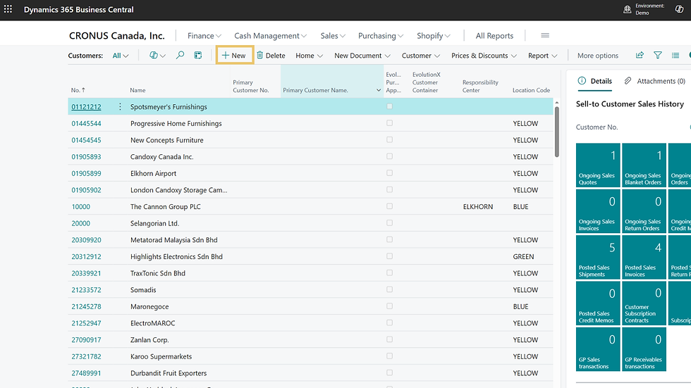 Dynamics 365 Business Central customer list and sales history tiles. New button is selected.