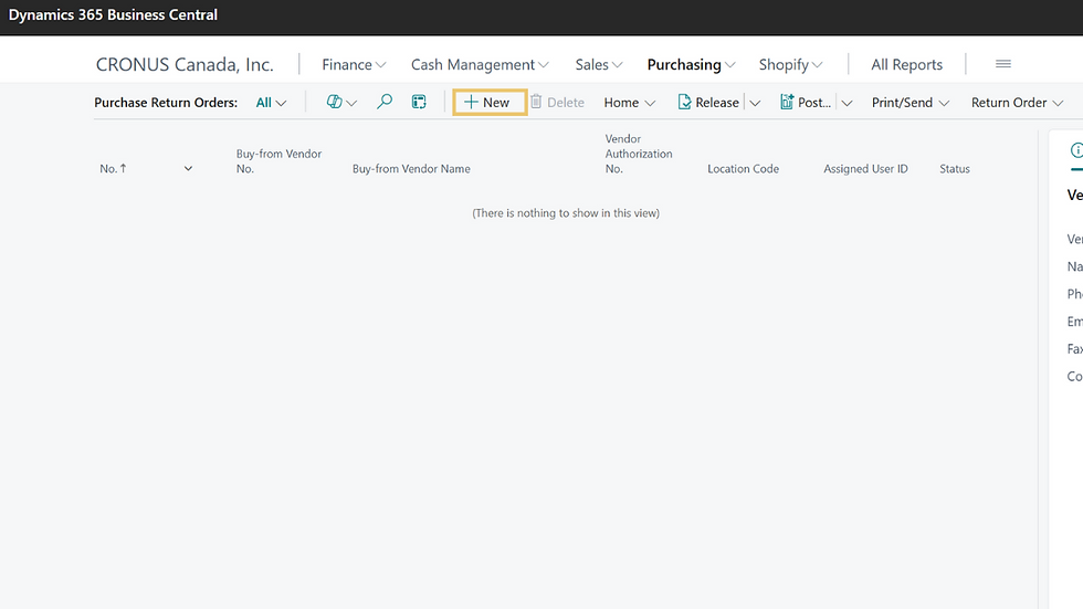 Dynamics 365 Business Central interface showing "Purchase Return Orders" with options for new entries.