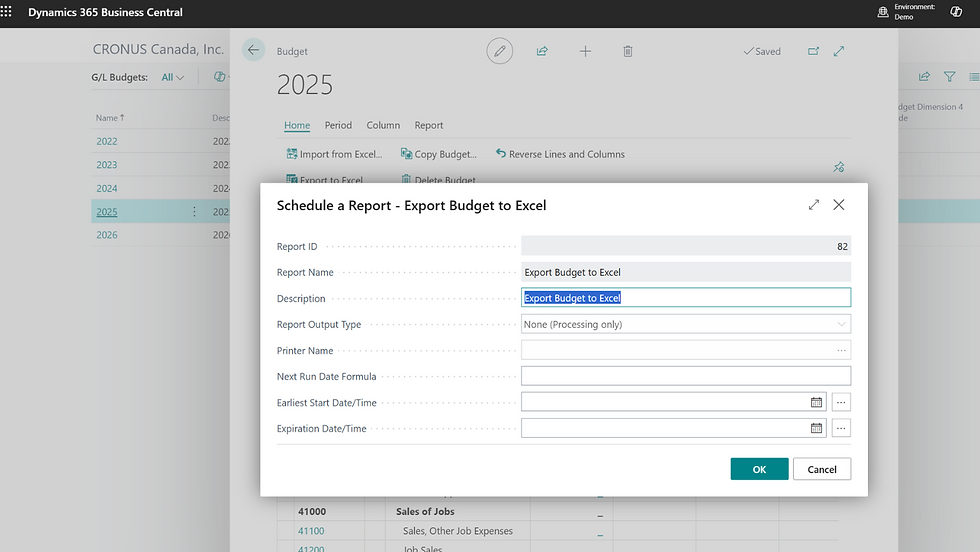 Dialog box in Dynamics 365 Business Central scheduling a report to export budget to Excel for 2025.