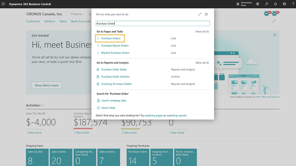 Dashboard screenshot showing "Purchase Order" search in Dynamics 365 Business Central. Suggestions include Purchase Orders, Return Orders, and archives.