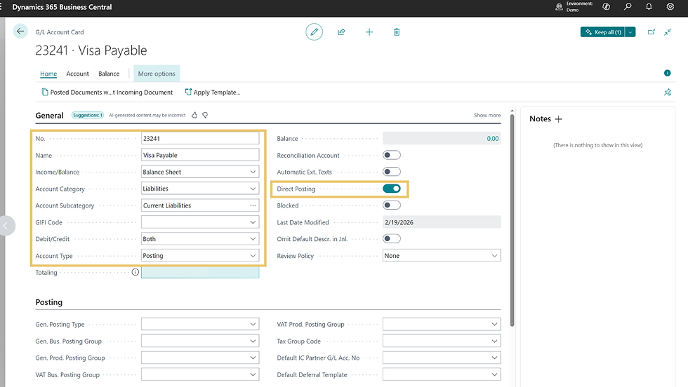 Dynamics 365 Business Central screen showing new GL account card with account details: number, name, category, and posting settings.