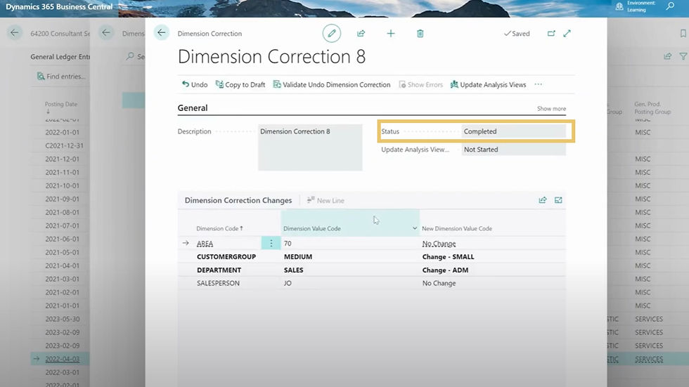 Software screenshot showcasing a step in how to correct dimensions in Dynamics 365 Business Central