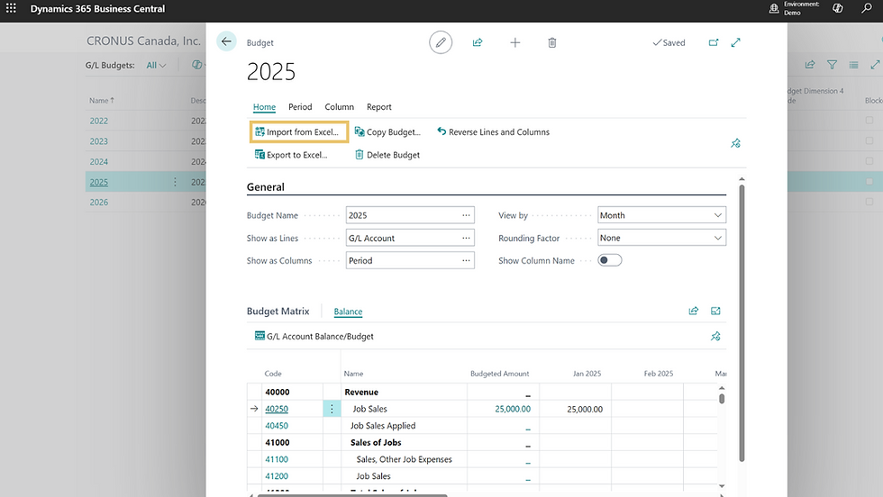 Dynamics 365 Business Central interface displaying a 2025 budget, with options to import from Excel. Budget Matrix shows account details.