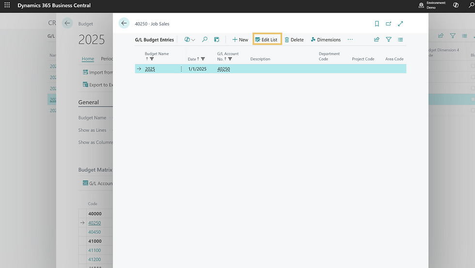 Dynamics 365 Business Central interface shows "G/L Budget Entries" for 2025.