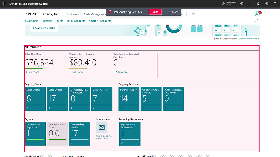 A screenshot of the D365 Business Central home screen. Drag Elements.
