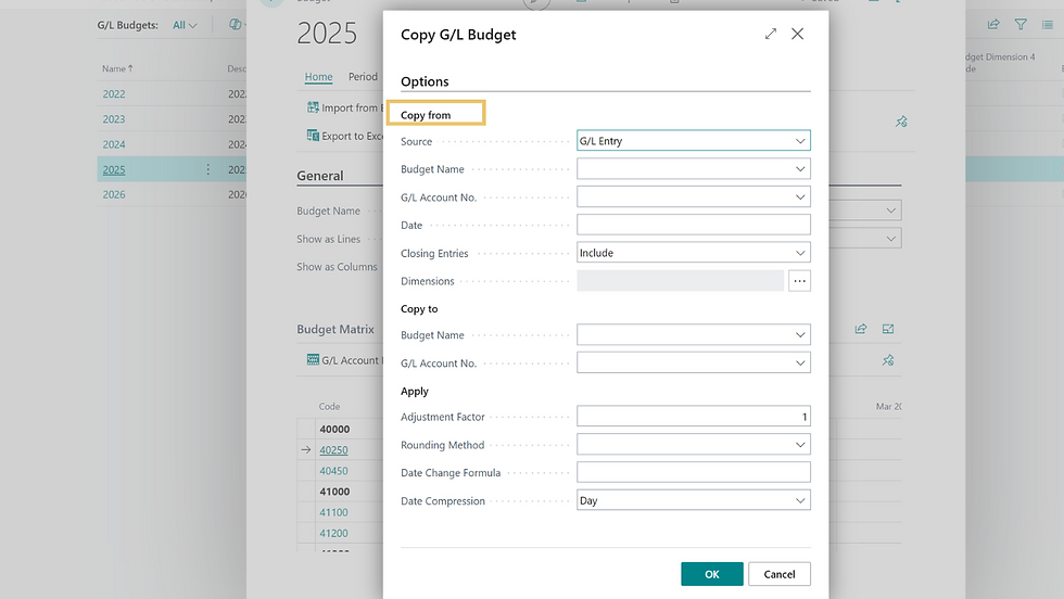 A software window titled "Copy G/L Budget" shows dropdown menus and fields for Source, Budget Name, and G/L Account No., with OK and Cancel buttons.