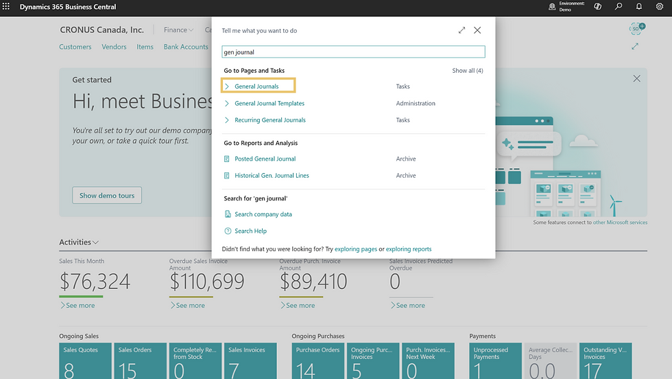 Search bar on Dynamics 365 Business Central with results for "general journal."