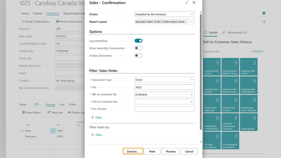 Sales confirmation window in Business Central with options for printer and report layout settings. Filters show order details. "Send to..." button highlighted.