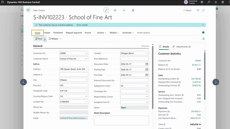 Invoice dashboard in Dynamics 365 Business Central for a sales invoice. Home button is highlighted.
