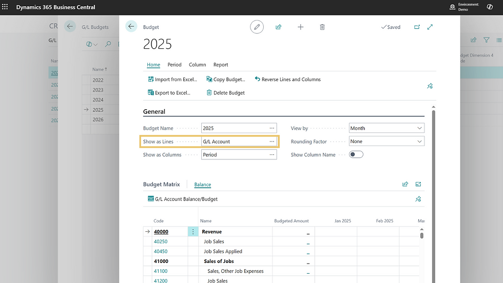 Budget planning screen in Dynamics 365. Year 2025 is selected with options for Excel import/export and a G/L Account view.