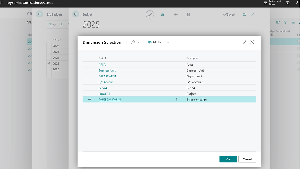 Budget selection screen in Dynamics 365