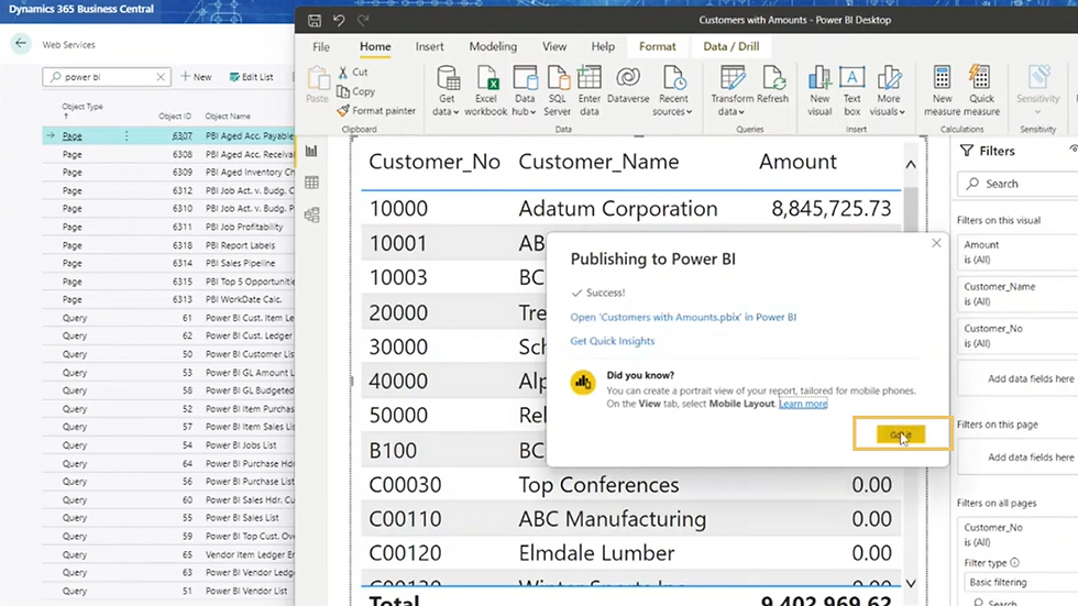 A screenshot showing how to add a new Power BI report to Microsoft Dynamics 365 Business Central.