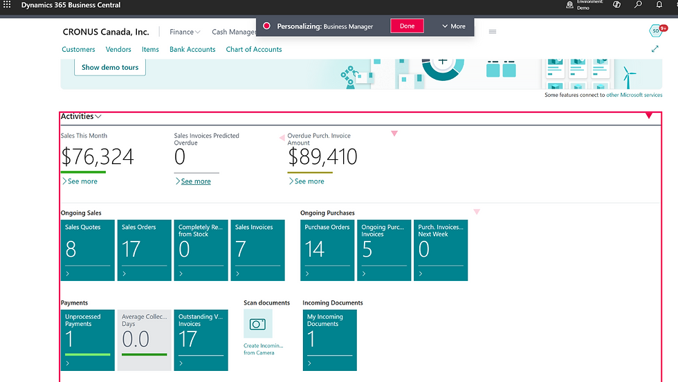 A screenshot of the D365 Business Central home screen. Element has moved.