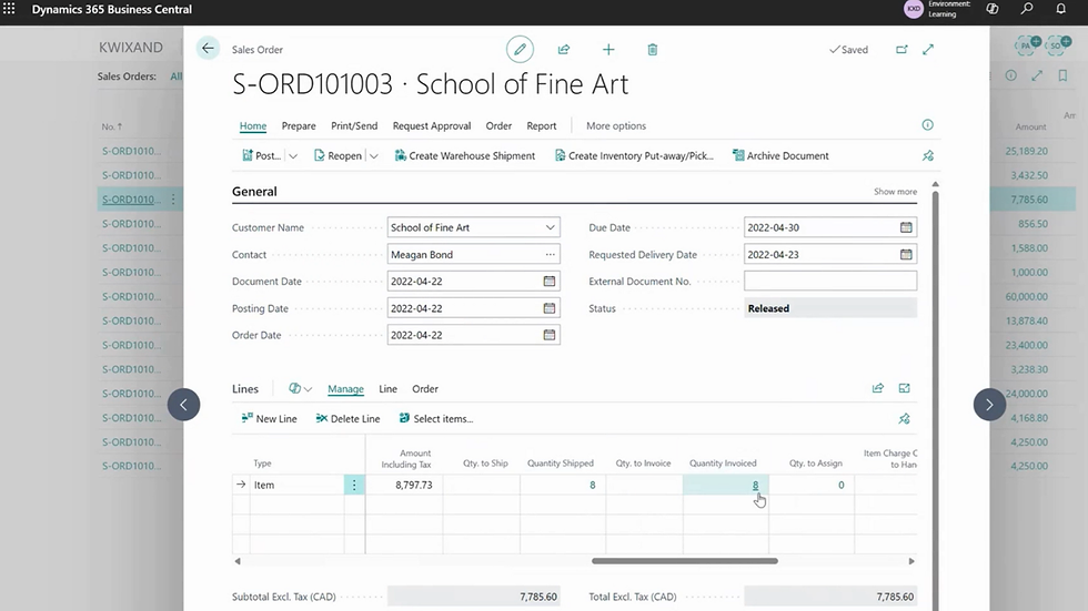 Posted sales order in Dynamics 365 Business Central containing all the shipment lines.