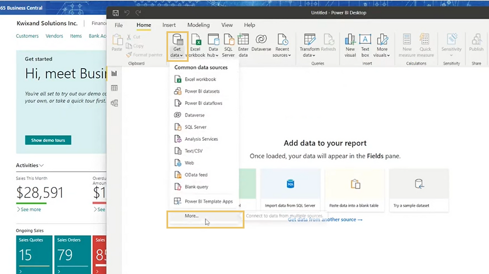 A screenshot showing how to add a new Power BI report to Microsoft Dynamics 365 Business Central.