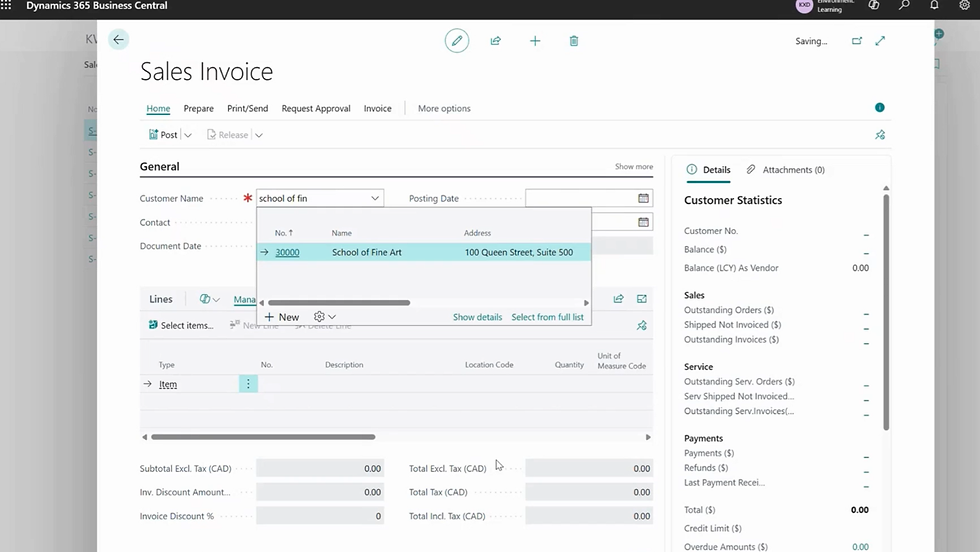 Sales invoice screen in Dynamics 365, showing customer info for "School of Fine Art" and financial statistics.