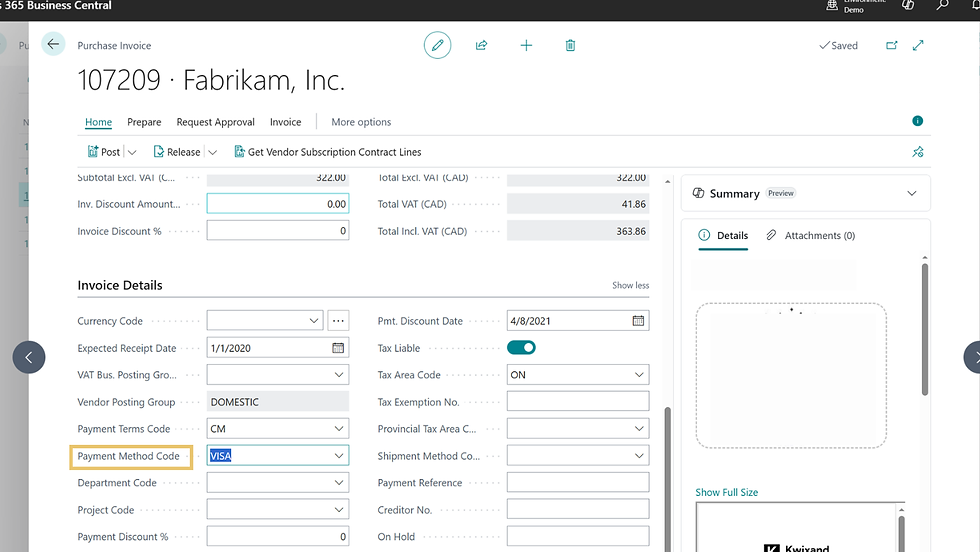 Purchase invoice screen in Dynamics 365. Displays invoice details, totals, and payment methods.