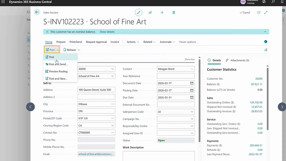 Sales invoice screen for "School of Fine Art" in Dynamics 365 Business Central. Mouse hovers over "Post" options. Invoice details and customer stats displayed.