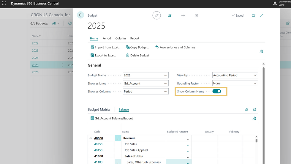Budget planning screen in Dynamics 365 Business Central