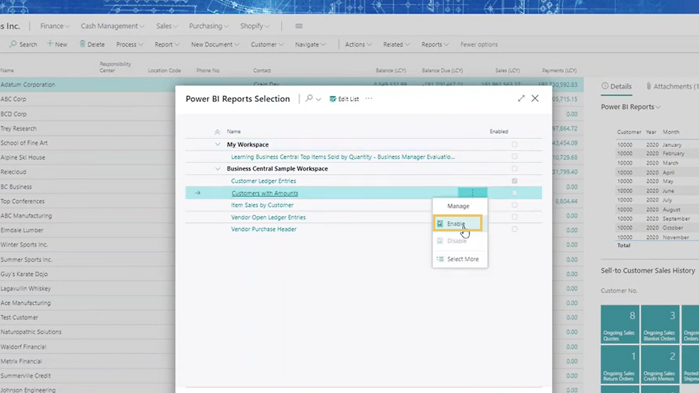A screenshot showing how to add a new Power BI report to Microsoft Dynamics 365 Business Central.