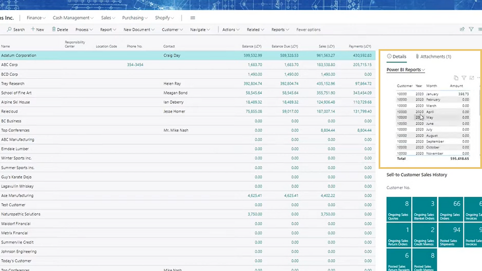 A screenshot showing how to display Power BI reports on a specific page in Microsoft Dynamics 365 Business Central.