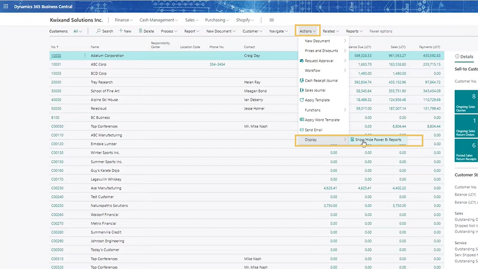 A screenshot showing how to display Power BI reports on a specific page in Microsoft Dynamics 365 Business Central.