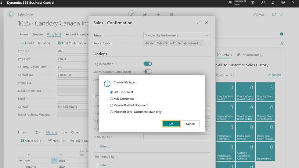Business Central interface showing a sales confirmation screen with options to print/PDF documents. A dialog box prompts file type selection.
