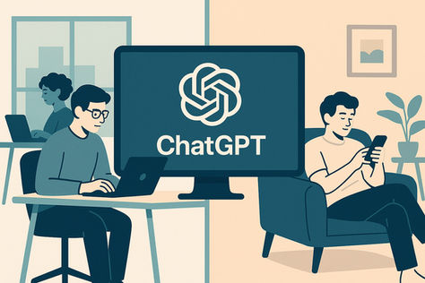 Stylizovaná ilustrace rozdvojeného použití ChatGPT – vlevo moderní open space kancelář s notebookem, vpravo domácí obývák s gaučem a mobilem. Obě prostředí propojuje centrální obrazovka symbolizující ChatGPT.