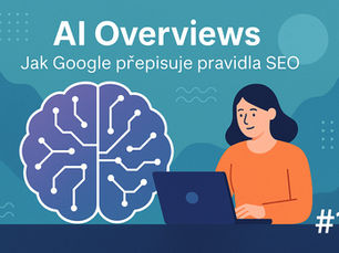 Žena s notebookem sleduje AI mozek – vizuál znázorňující změnu ve vyhledávání Google pomocí AI Overviews