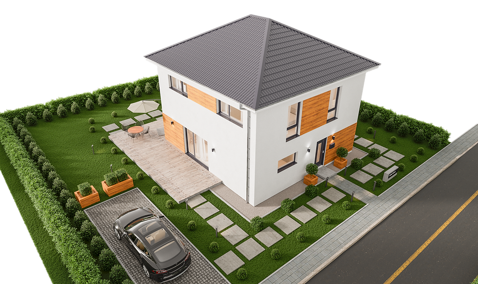 3D-Modell der Villa 132 mit Gartenanlage, Einfahrt und stilvollem Design.