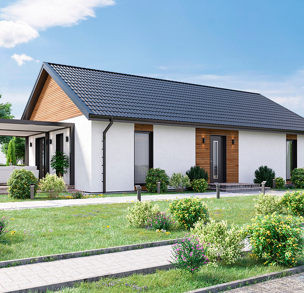 Helles, modernes Bungalow mit Satteldach, Holzdetails und großzügiger Terrasse, umgeben von gepflegtem Garten.