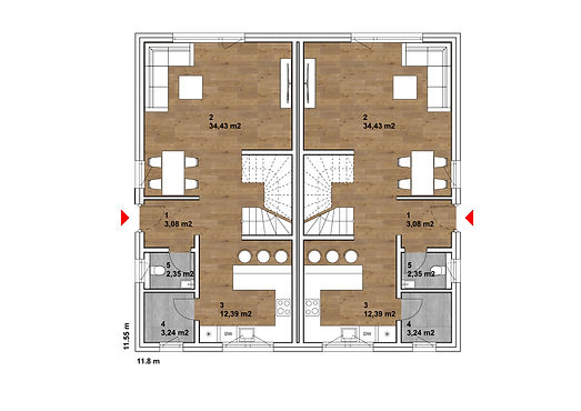 Erdgeschossgrundriss Doppelhaus 106 mit großzügigem Wohn- und Essbereich, Küche, Gäste-WC und Hauswirtschaftsraum