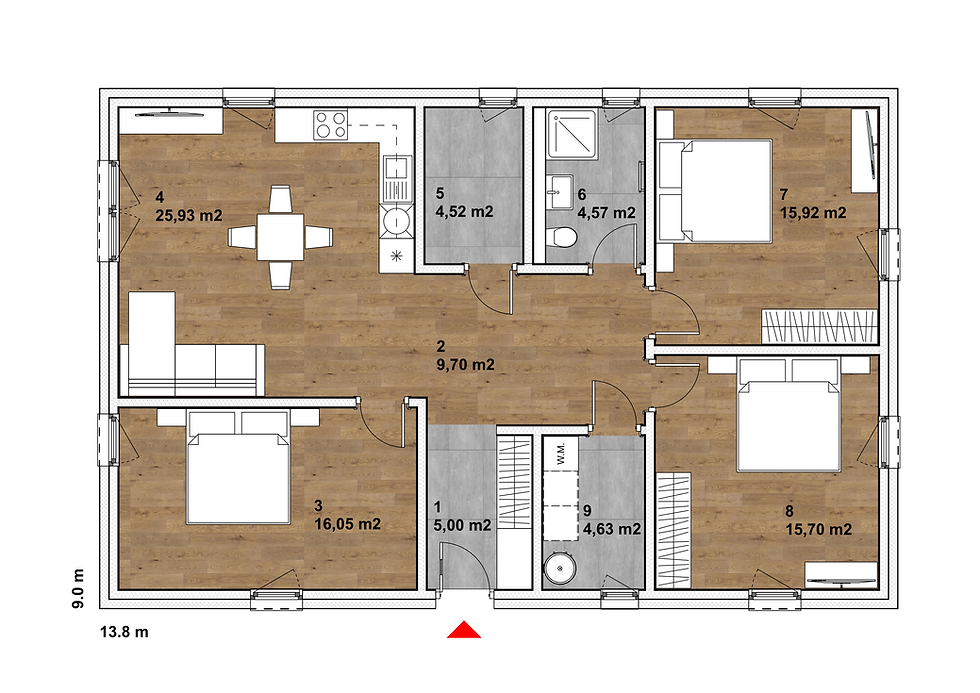 Floor plan of Bungalow 102, a 102.02 m² modern single-story home, featuring three bedrooms, an open-concept living room and kitchen, a bathroom with WC, a storage room, a technical room, a hallway, and a corridor. The design maximizes living space and natural light, providing a functional and spacious layout that suits families, couples, or individuals looking for comfort and energy efficiency.