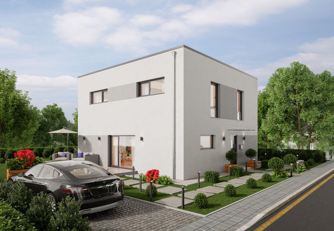  Moderne Villa mit schlichtem Design, großem Grundstück und grünem Garten in natürlicher Umgebung.