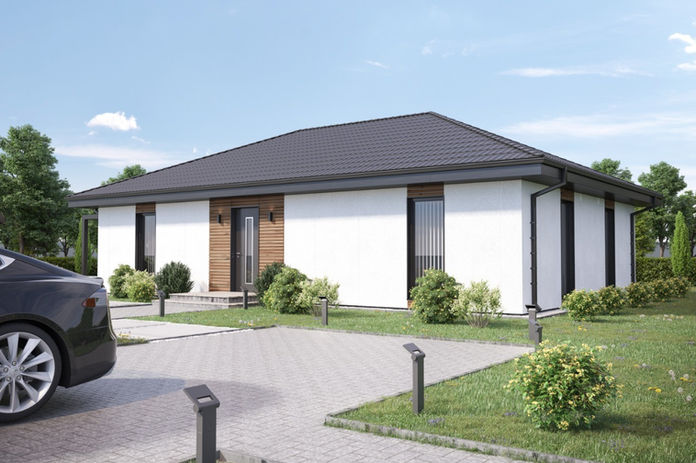 Energiesparendes Bungalow mit moderner Architektur, zwei Schlafzimmern und einer einladenden Terrasse.