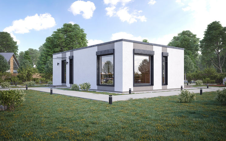 Zeitloser einstöckiger Haus mit großen Fenstern und Terrasse inmitten der Natur.