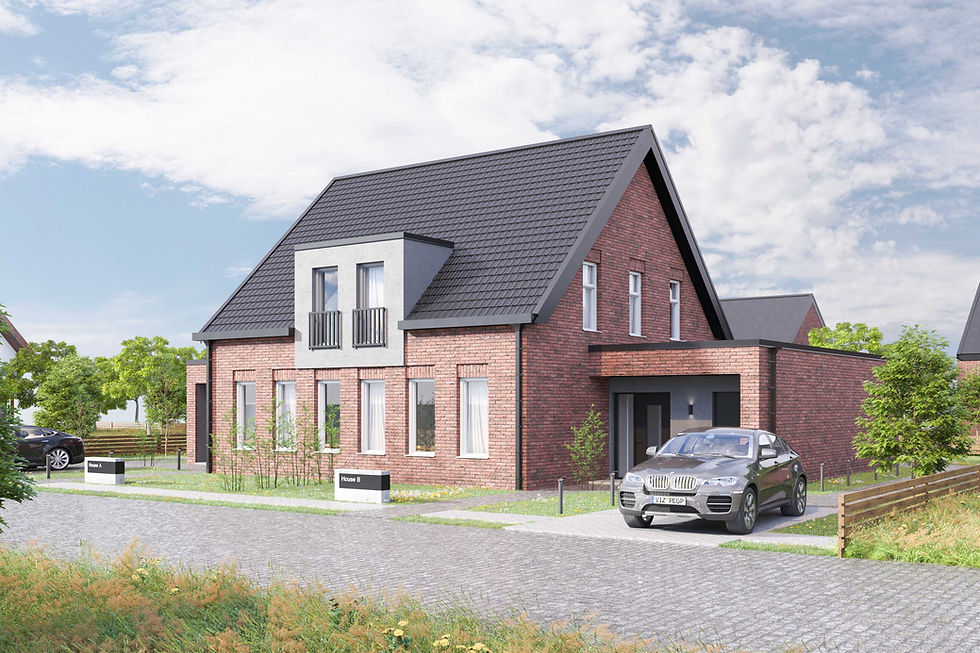 Doppelhaushälfte mit Backsteinfassade, moderner Architektur und gepflegter Umgebung.