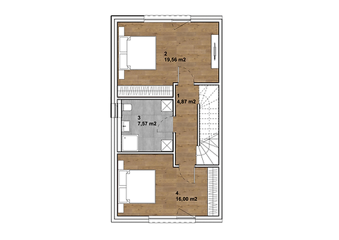 Obergeschossgrundriss Reihenhaus 99 / 136 mit zwei Schlafzimmern, Badezimmer und Treppenbereich